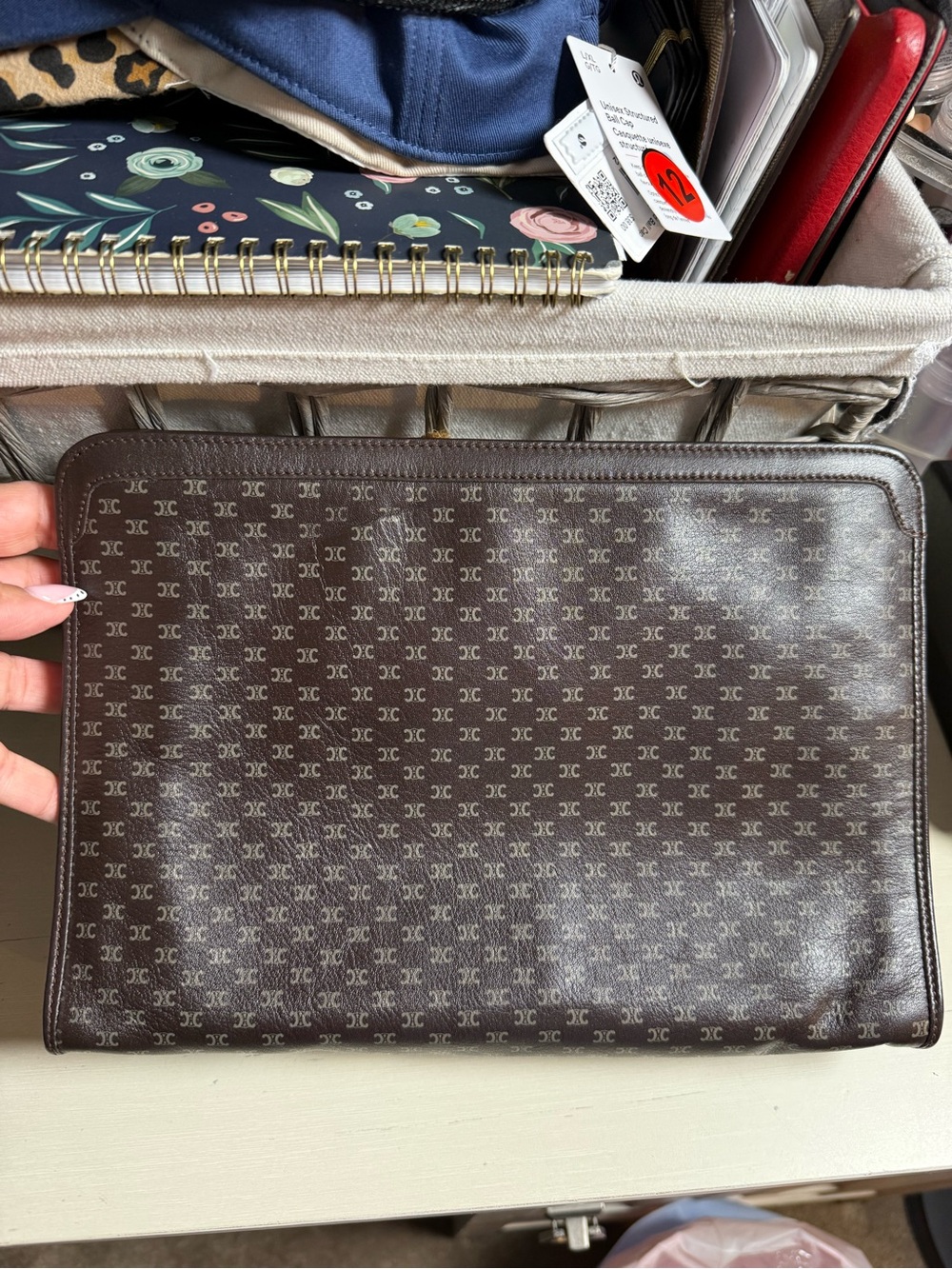 Celine Vintage Brown Logo-Print Wristlet Clutch. Unisex